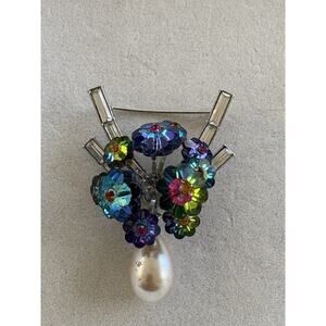 Vintage Austria Floral Bouquet Brooch Iridescent Colorful Rhinestones Faux Pearl